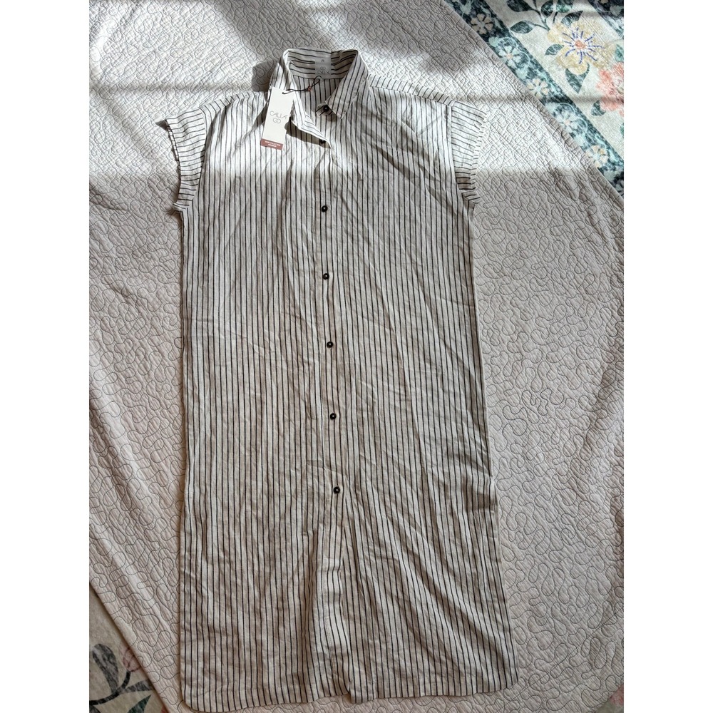 Calia Womens Extended Sleeve Button Down Shirt Dress Coverup Stripe Ivory Medium